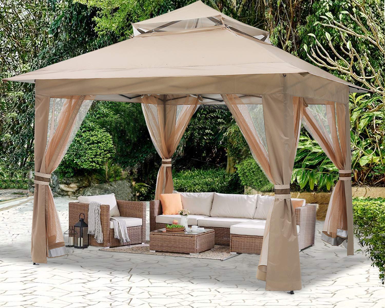 【Gazebo】13'x13' Gazebo Tent Outdoor Pop up Gazebo Canopy Shelter with Nets, Brown